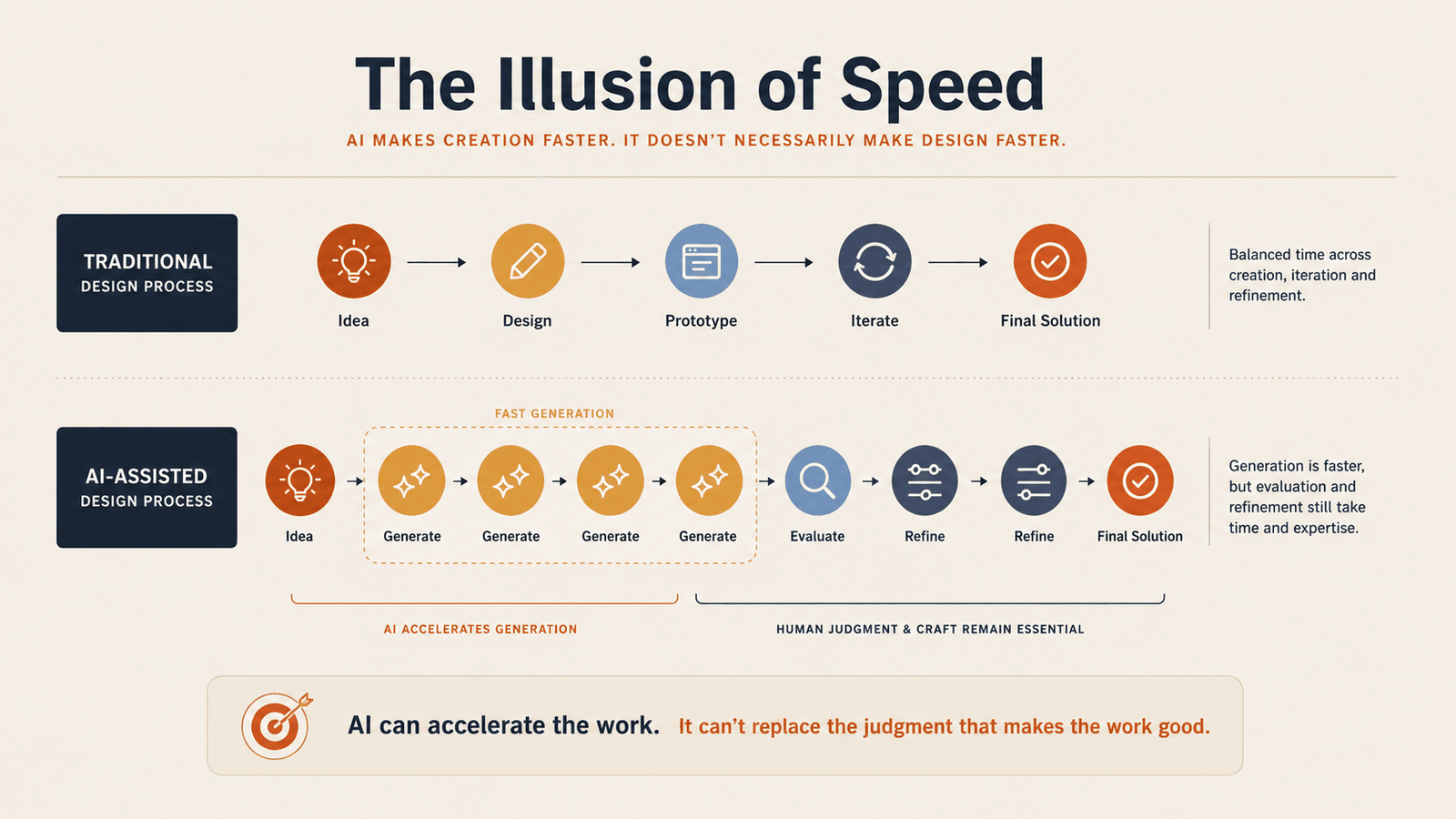 Diagram comparing the Traditional Design Process (Idea, Design, Prototype, Iterate, Final Solution) with the AI-Assisted Design Process, showing AI accelerates generation while human judgment and craft remain essential through evaluation and refinement.