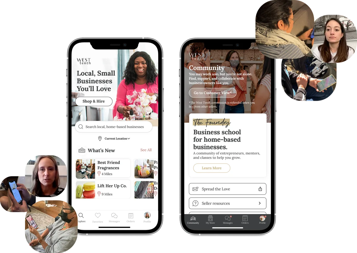 Two phones showing the redesigned West Tenth app, the Explore and Community screens, surrounded by photos from user interviews
