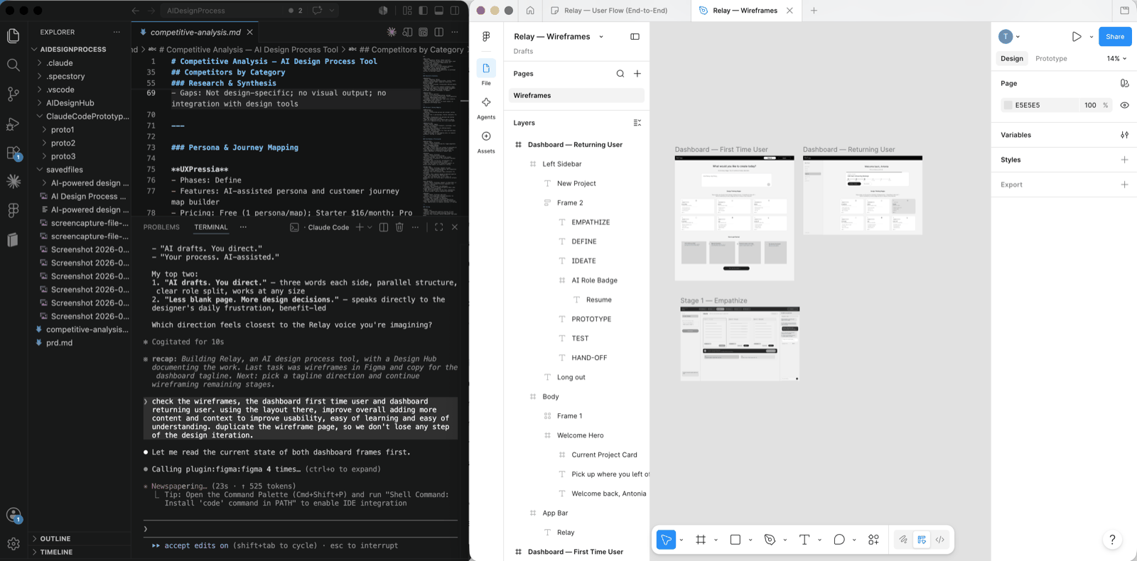Split-screen workflow moving between Claude Code and Figma to build Relay