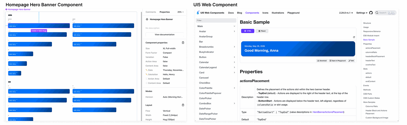 Homepage Hero Banner component: Figma properties panel showing size, form factor, and layout variations, next to the UI5 Web Components documentation site's live Basic Sample and properties reference.
