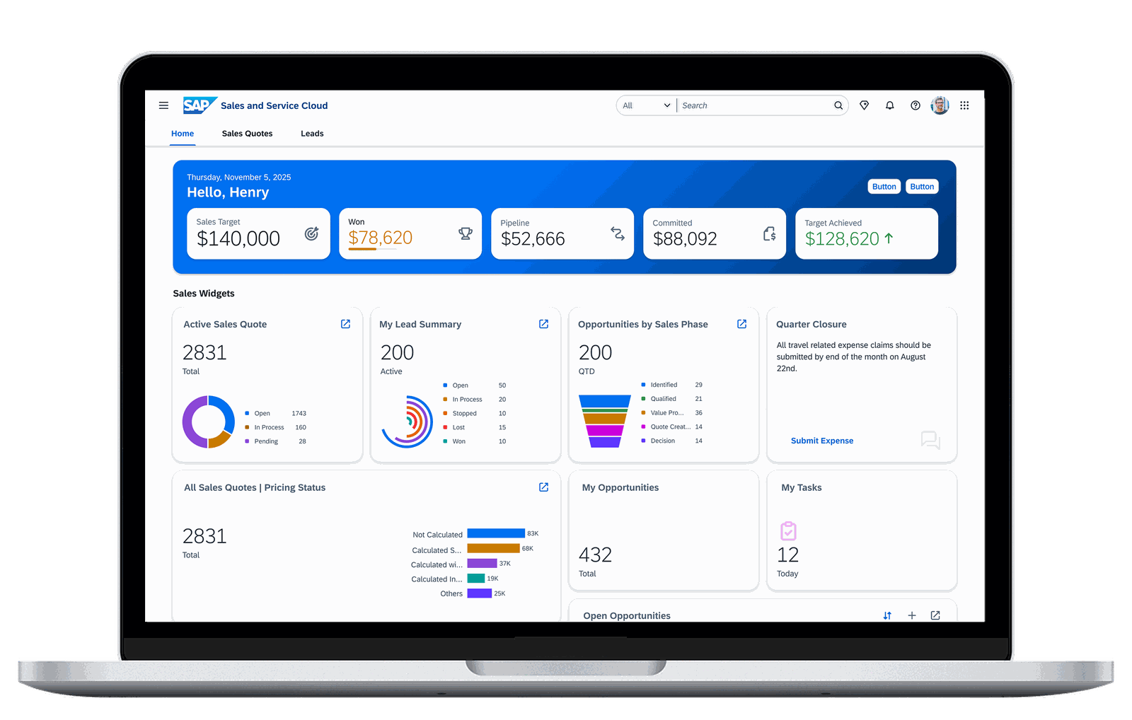 Laptop mockup of the SAP Sales and Service Cloud homepage showing the finished Hero Banner with Sales Target, Won, Pipeline, Committed, and Target Achieved metrics, above the Sales Widgets row.