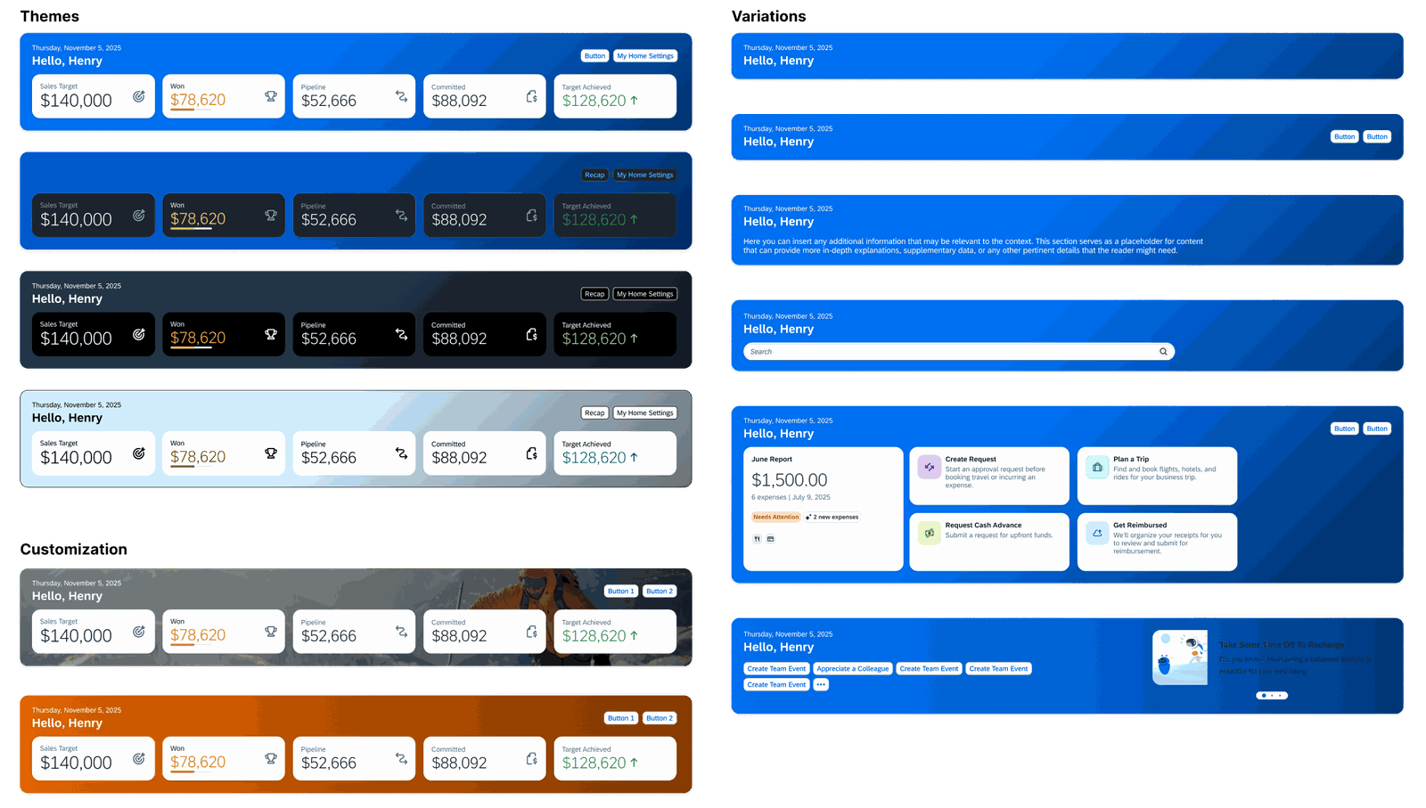 Grid of Hero Banner theme variations: light, dark, monochrome, gradient, image-background, and content-card treatments, each shown with the same Sales Target, Won, Pipeline, Committed, and Target Achieved metrics.
