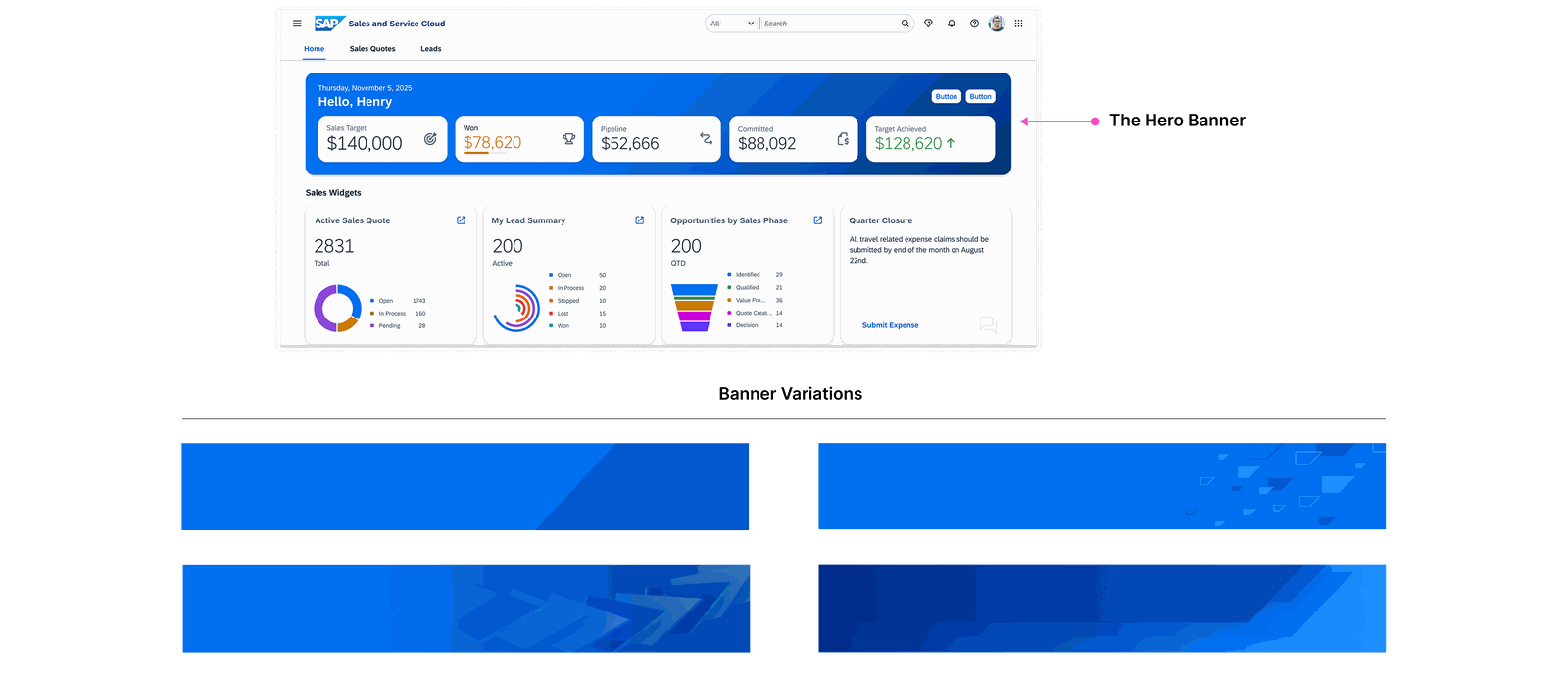 SAP Sales and Service Cloud homepage with an arrow calling out the Hero Banner within the layout, above a set of Banner Variations showing different color and pattern treatments for the same component.