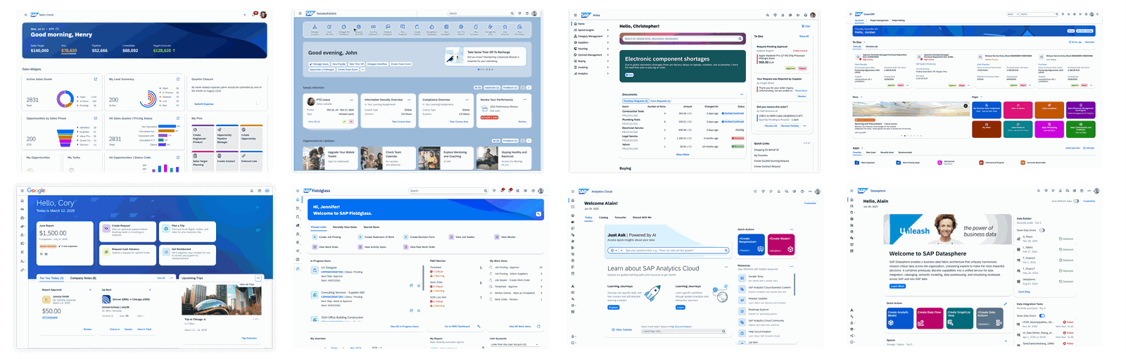 Eight distinct SAP product homepages side by side — Sales Cloud, SuccessFactors, Ariba, S/4HANA Cloud, Google-branded, Fieldglass, Analytics Cloud, and Datasphere — each with its own colors, layout, and Hero Banner treatment.