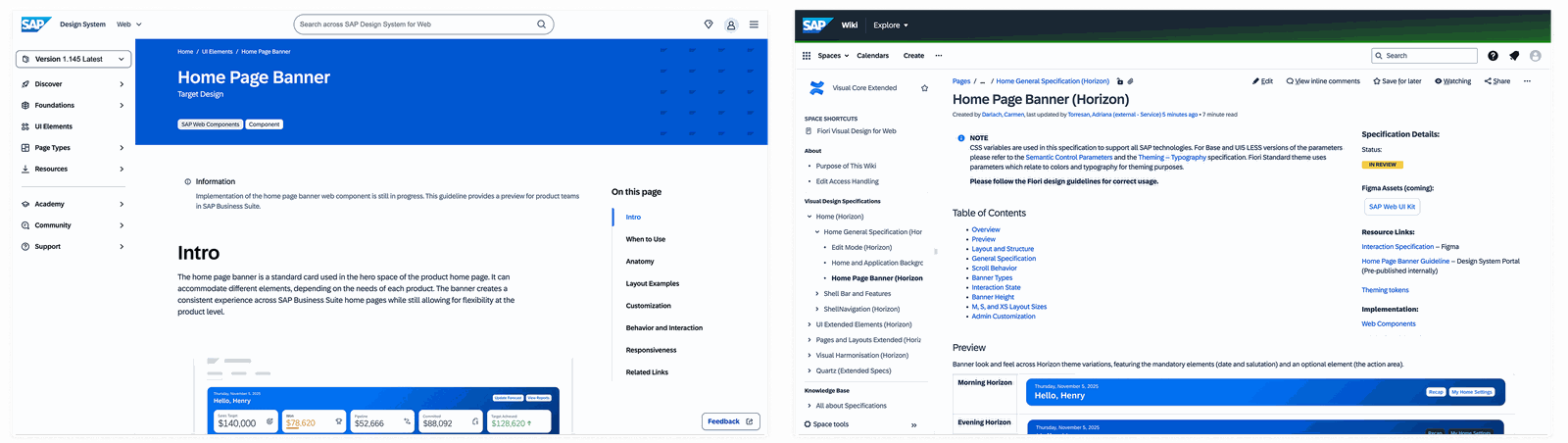 Home Page Banner guideline pages: the SAP Design System documentation site with intro, layout, and behavior sections, next to the internal SAP Wiki specification page with theme variations and implementation links.