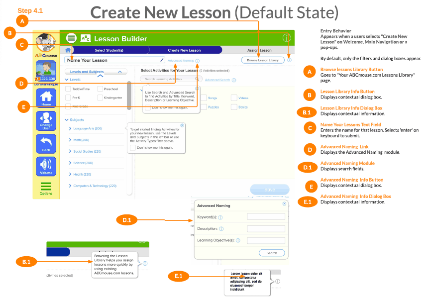 Annotated mockup of the Create New Lesson screen, with callouts explaining entry behavior, the lesson library browse action, naming field, and advanced naming module.