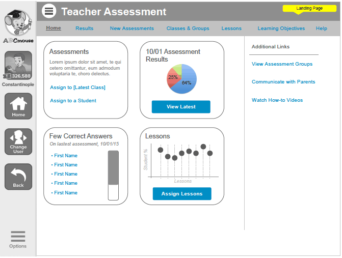 Wireframe of the Teacher Assessment landing page, showing assessments, results, few-correct-answers list, and lessons.